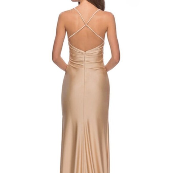 La Femme Open-Back V-Neck Satin Maxi Dress in Nude – Size 4 - Picture 3 of 8